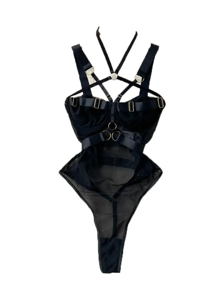 Halter Neck Strappy Women's Bodysuit Slim Fit Sexy Sheer Playsuit Black Erotic Lingerie Lace Up Transparent Pajama Nightwear