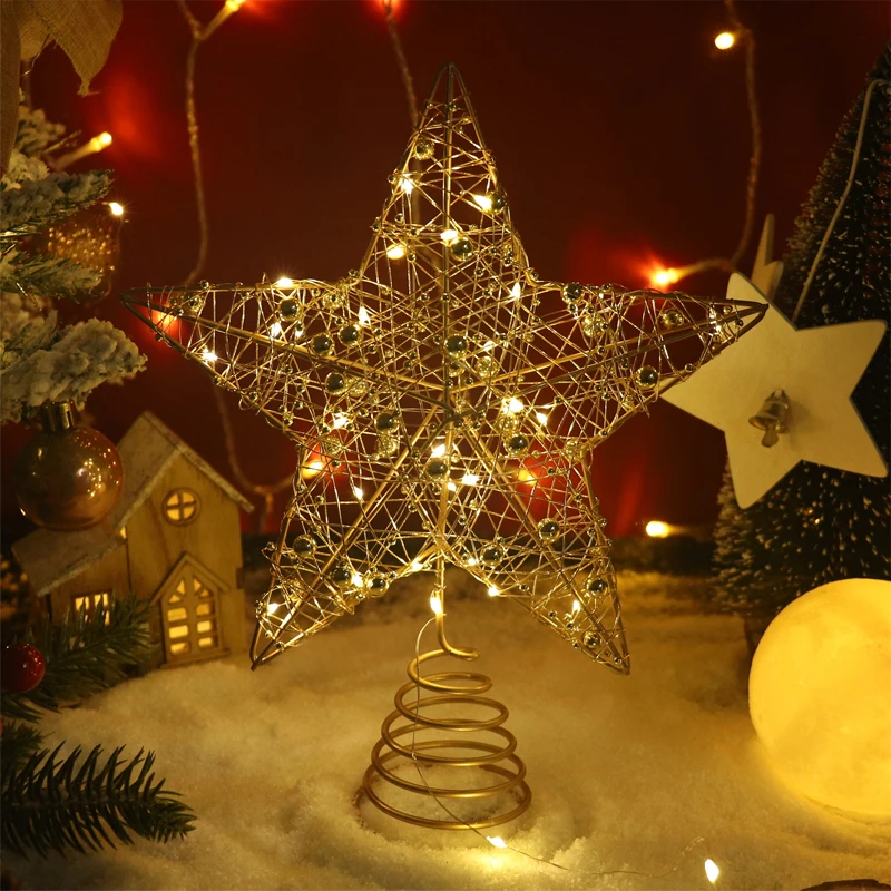 Glitter Christmas Tree Ornaments Top Stars With LED Light Lamp For Home Xmas Trees