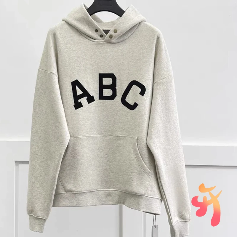 

Real Life Photo Essentials Hooded Sweatshirt Vintage ABC Letter Flocking Print Hoodie American High Street Loose Casual Pullover