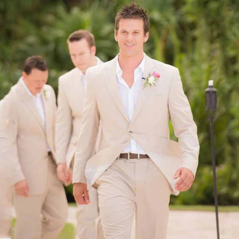

Linen Men Suits for Summer Wedding Beach Bridegroom Tuxedos Groomsmen Wear Prom Blazer Custom 2 Pieces Male Fashion Jacket Pants