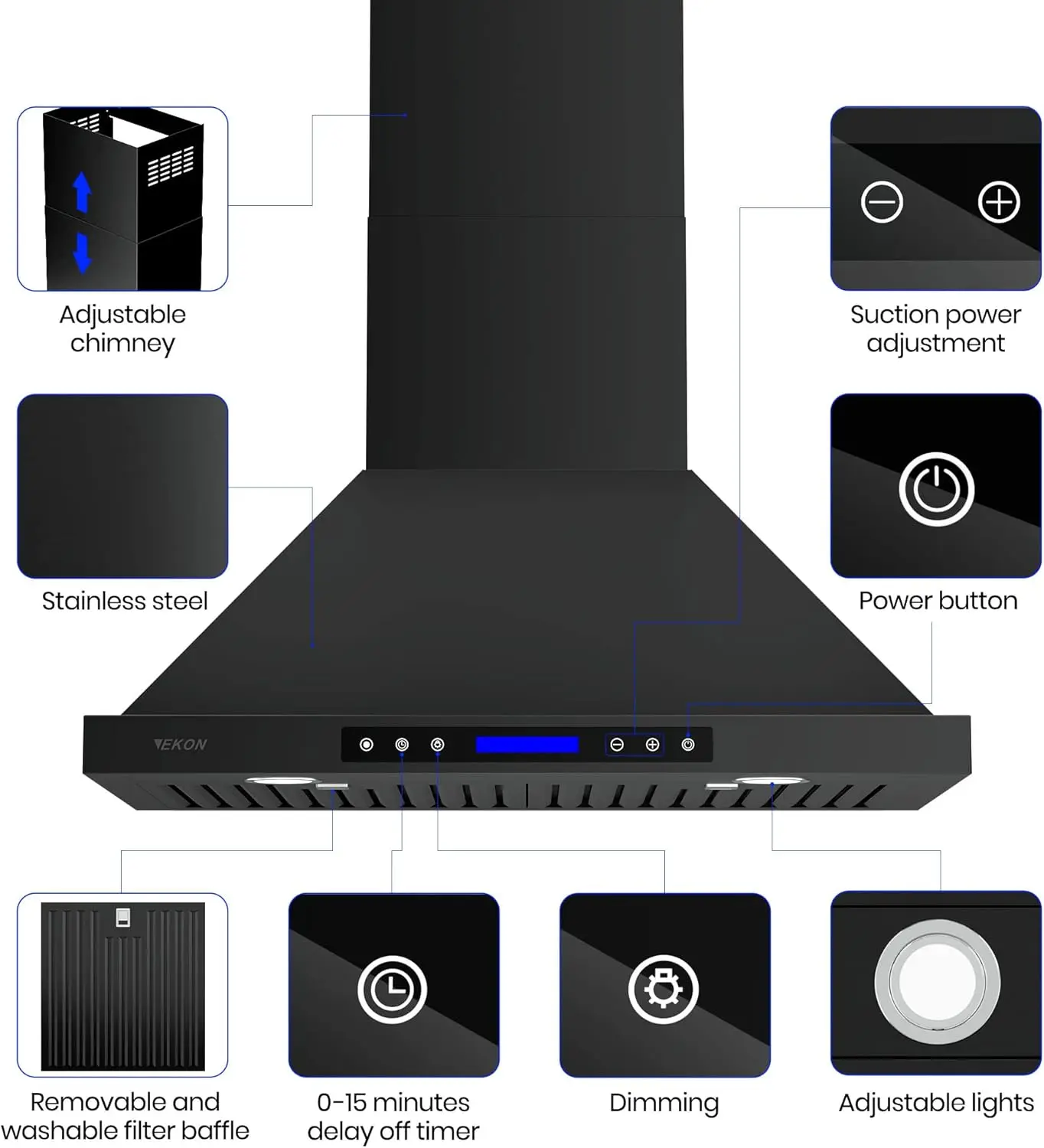Wall Mount Hood 900 CFM Kitchen Hood Vent 4 Speeds Touch Control LCD Display With Remote /3 Pcs Baffle Filters / 2 Pcs 3W L 5