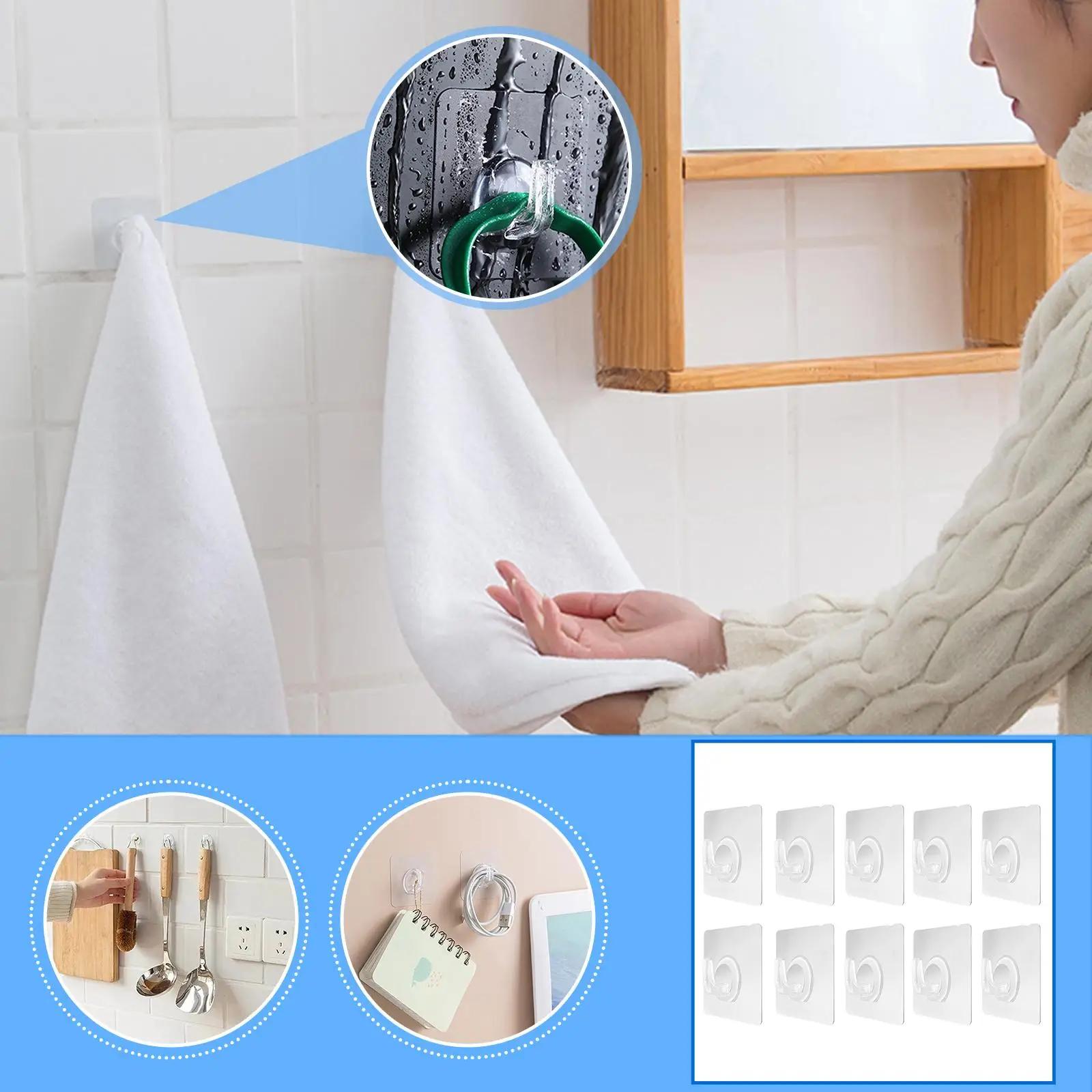 

10pcs Strong Mark Hook Transparent Plastic Self Adhesive Heavy Duty Wall Seamless Hook For Kitchen Bathroom Organizers X4W4