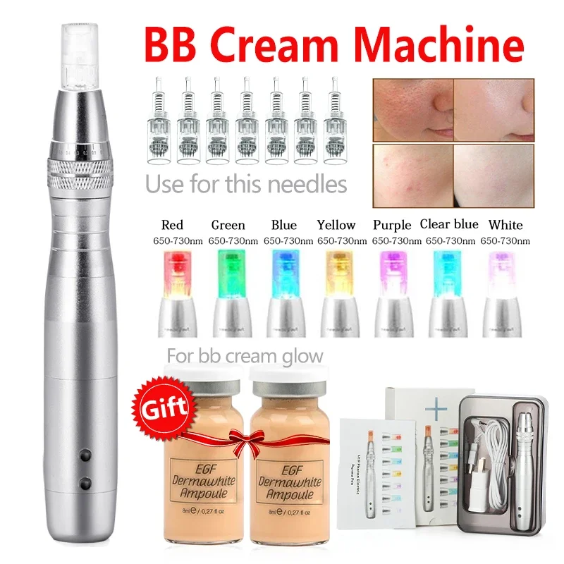 7 Color Led Light Derma Pen Electricity Microneedling Machine Dr Pen Needle Cartridges Kit For BB Cream Glow Remove Acne