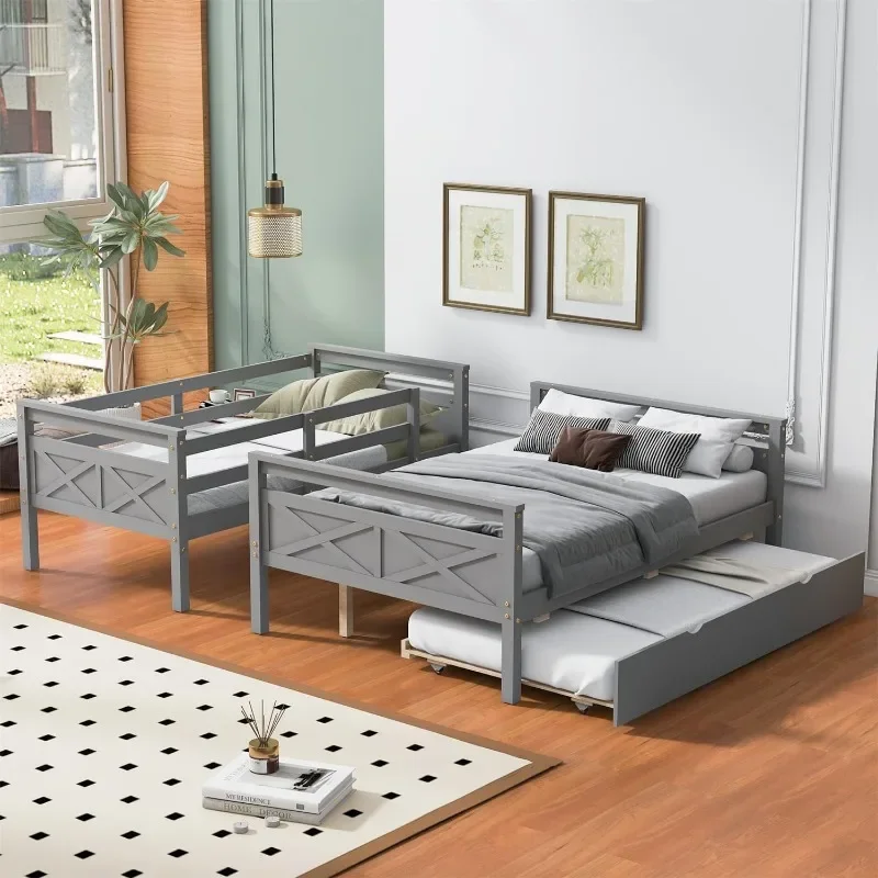 Solid Wood Double Bed Frame with Guardrail and Ladder 4