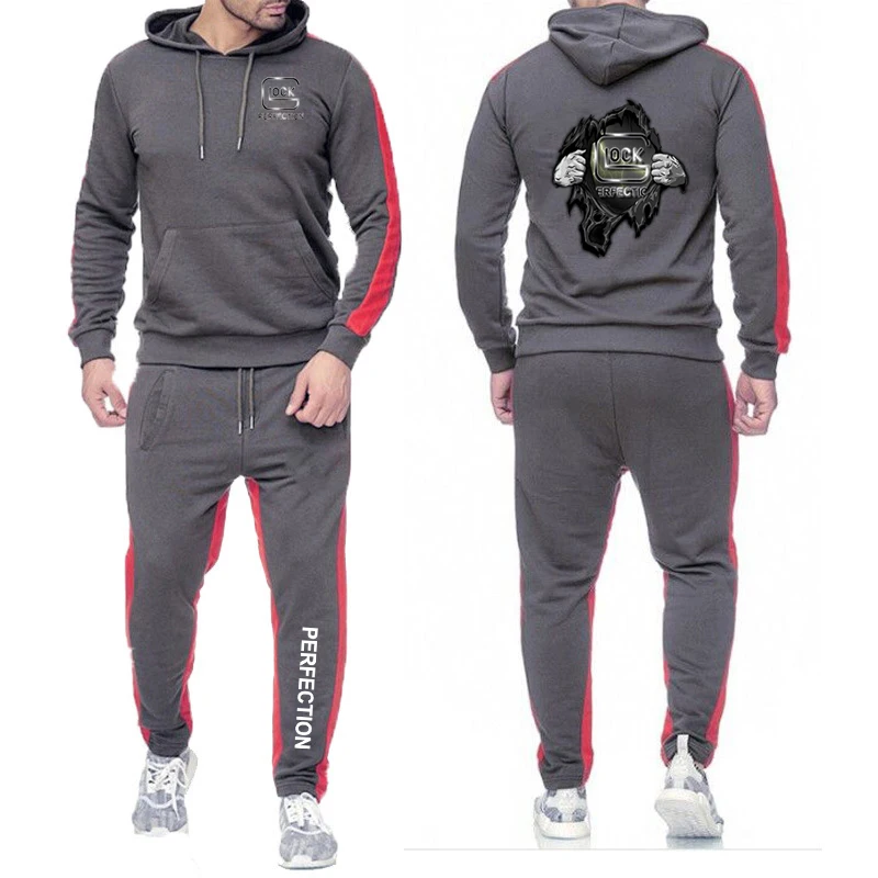 2023 Spring Autumn New Glock Perfection Shooting Print Long Sleeve Solid Color Casual Hoodies+Popular Drawstring Sweatpants Sets