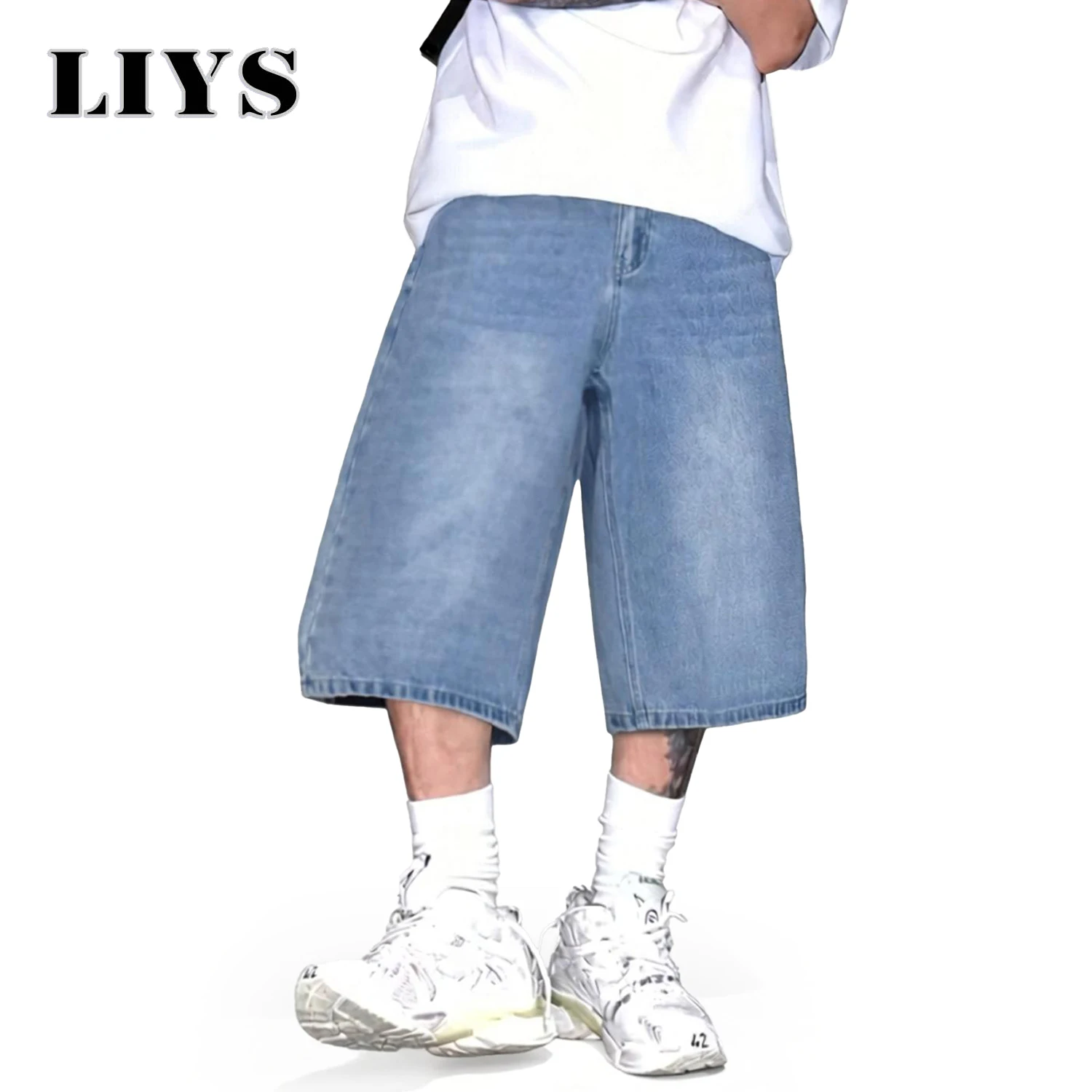 LIYS-pantalones cortos vaqueros de pierna ancha para hombre, pantalón corto sencillo, azul claro, Retro, Ultra holgado, para estudiantes, jóvenes, informales, de gran tamaño, Unisex