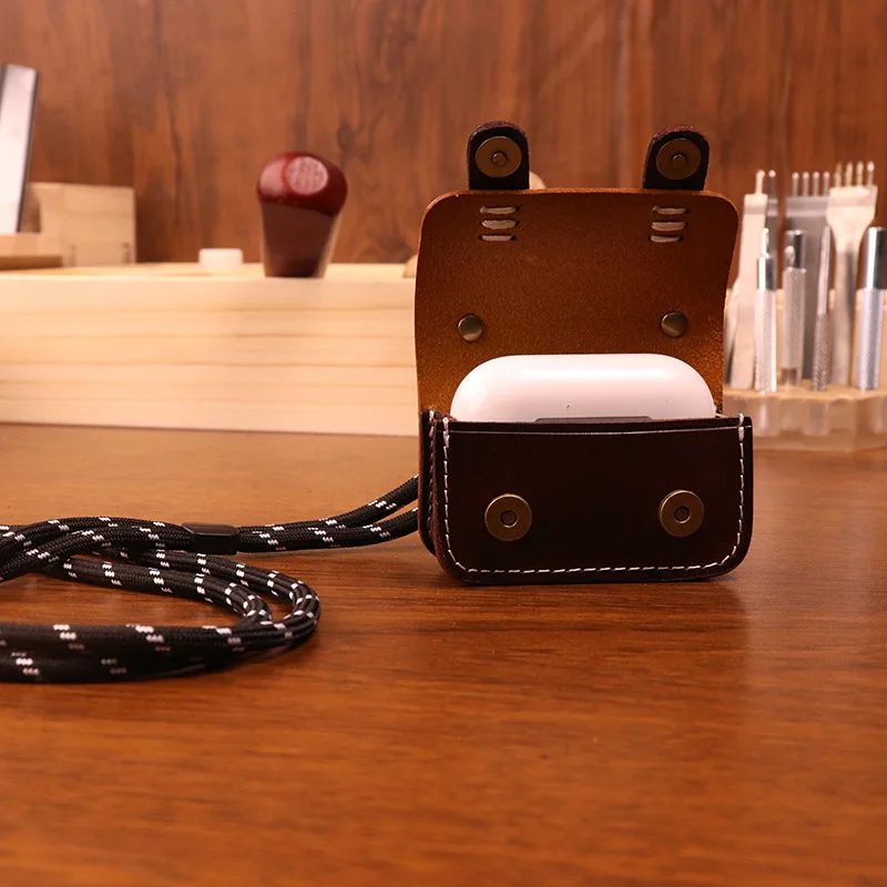 Bluetooth Earphones Bag for AirPods Pro 2 with Removable Lanyard Handcrafted Leather Earbud Cover Shockproof Protective Case