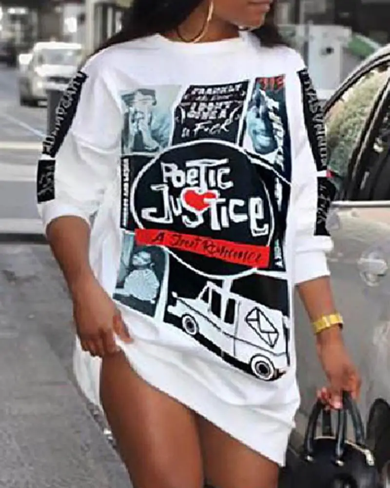 

2023 Spring Women Poetic Justice Graphic Print Long Sleeve Sweatshirt Dress Women Casual Daily Wear Mini Dress New Style Robes