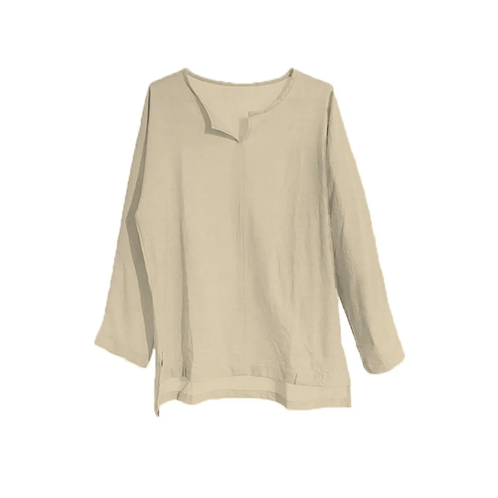 Mens Cotton Linen Long Sleeve V Neck Summer Tshirts