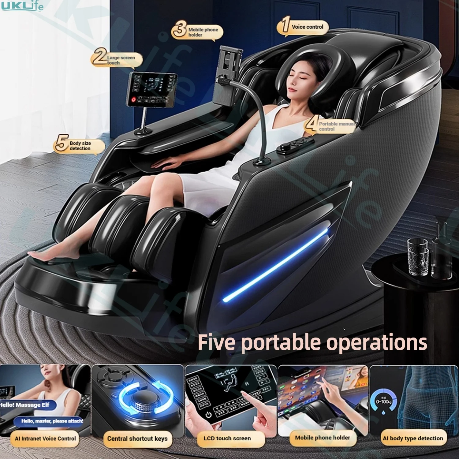 Sedia Massaggiatrice 2025 Aggiornata 6D con Rulli in Giada, SL-Track e Controllo Vocale IA | Sistema Airbag Total Body a Gravità Zero + Riscaldamento - immagine 4