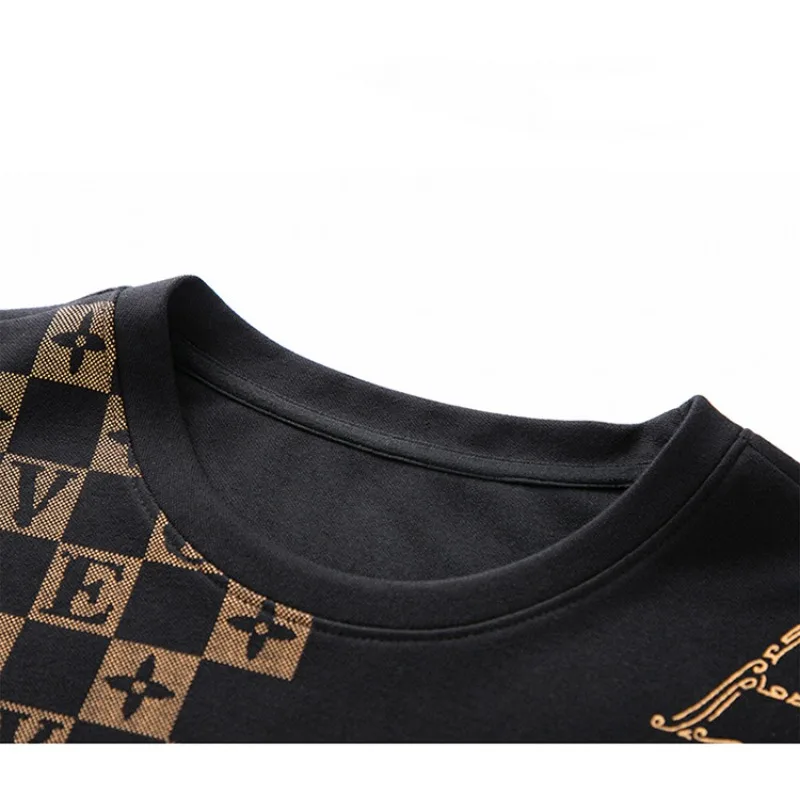 Spring and Autumn Men's Pullover Round Neck Plaid Print Contrast Color Long Sleeve T-shirt Hoodies Fashion Casual Formal Tops