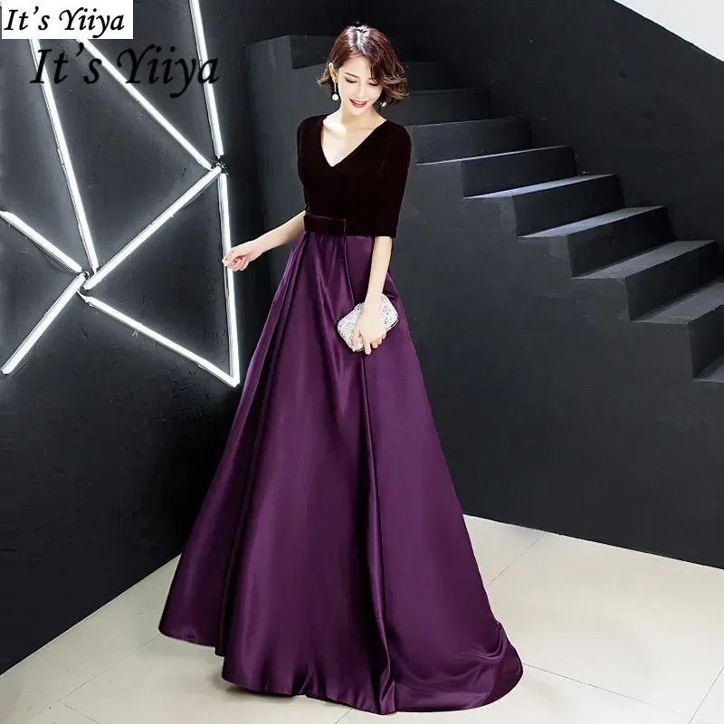 It's Yiiya Customized Evening Dress Purple Velvet Satin V-neck Half Sleeve  A-line Floor Length Plus Size Woman Party Formal Gown - AliExpress 320