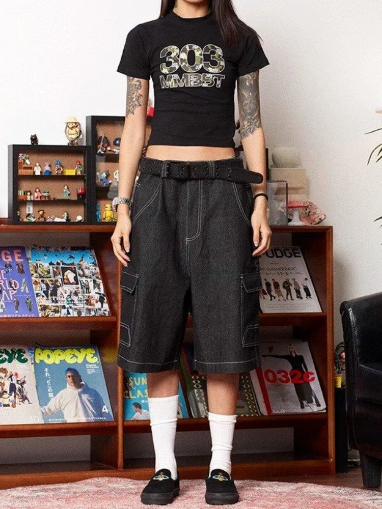 ADAgirl Black Harajuku Denim Shorts Y2k Women Straight Leg Cargo Pants Hip Hop Summer Embroidery Baggy Over Knee Jeans Short