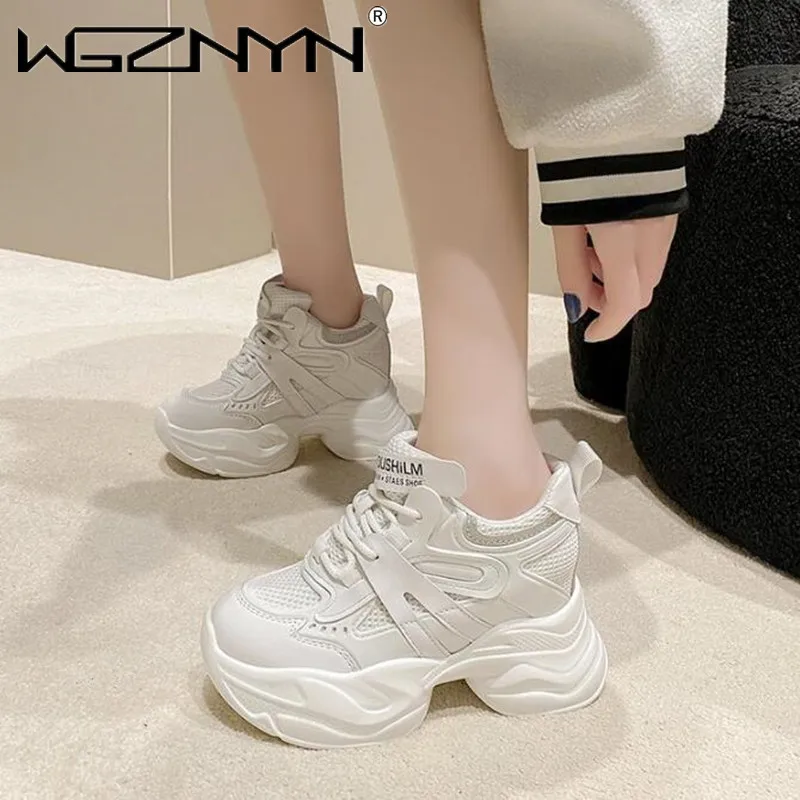 

10CM New Platform Shoes for Women Mesh Breathable Chunky Sneakers High Platform White Tennis Shoes Increase Casual Sport Shoes