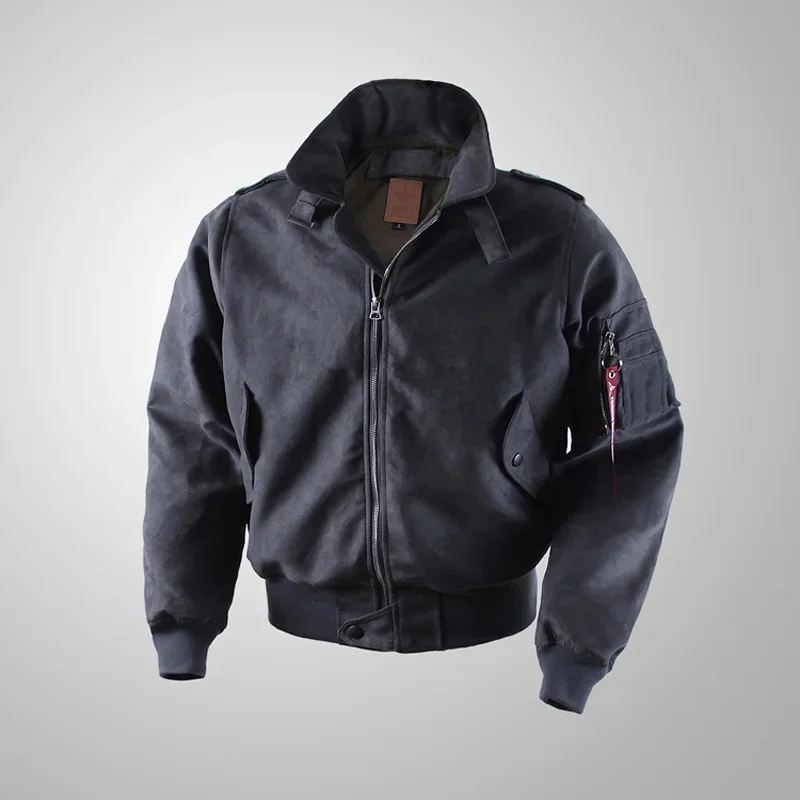 

Classic Military Style Suede Bomber Jacket For Men Spring/Fall Short Dark Grey