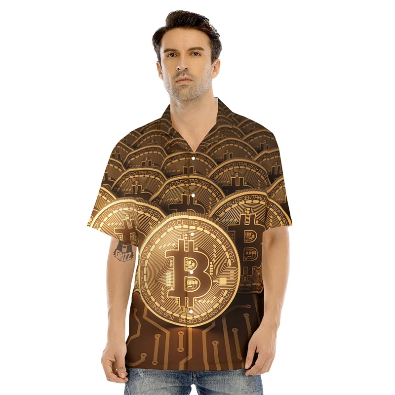 thumbnail image 1 of Camisa hawaiana de gran tamaño con solapa y estampado 3D de Bitcoin para hombre y mujer, camisas cortas de playa para hombre y mujer, 1 of 5