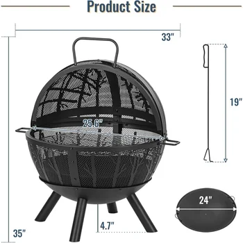 35 Inch Wood Burning Fire Pit with BBQ Grill, Heavy Duty Fire Pits Ball for Outside with Spark Screen & Removable Ash Pan, Outdo 4