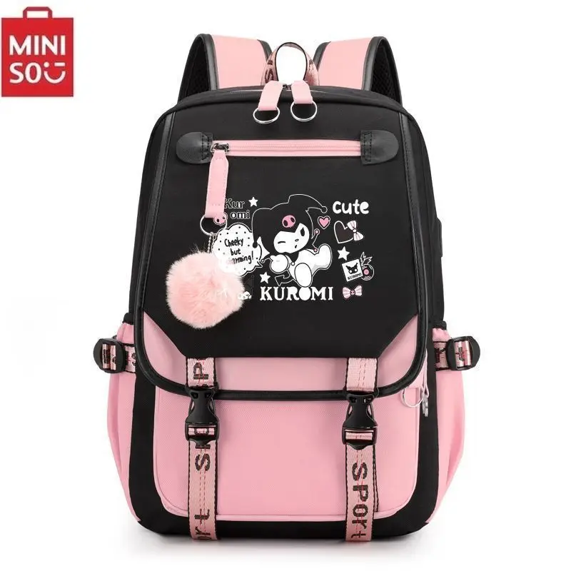 Pencil bag MINISO Kuromi Schoolbag Students Kawaii Double-layer Pencil Bag Large-capacity Casual Backpack Cartoon Printing Pen Bag