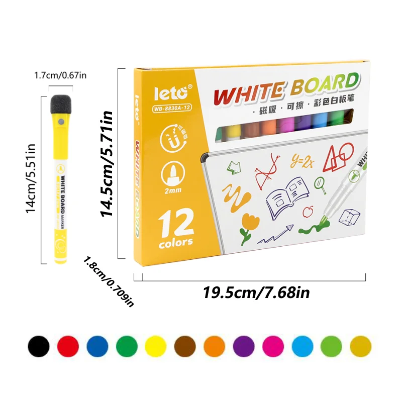 12COLORS 자석식 건식 지우개 마커, 지우개 포함, 속건성 잉크, 쉽게 쓰고 지울 수 있음, 사무용품, 학용품