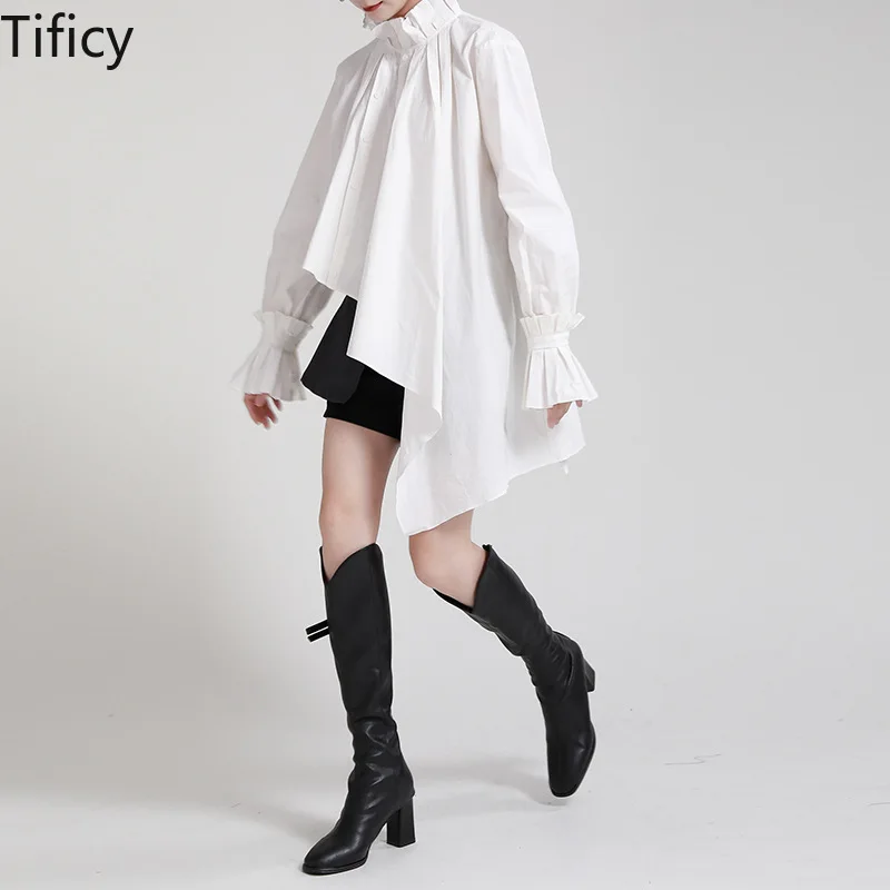 

TIFICY 2024 Autumn Clothes New Stand-up Collar Creased Irregular White Long-sleeved Loose Mid-length Shirt