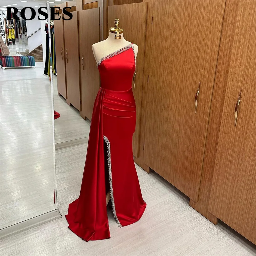 

ROSES Red Evening Dresses One Shoulder Beaded Side Slit Sexy Formal Red Prom Dress With Pleat Satin Mermaid Vestidos De Noche