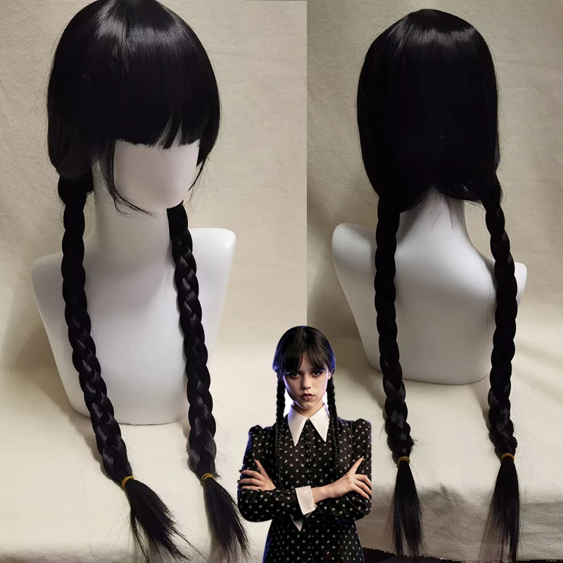 

Wednesday Addams Cosplay Wig Girls Black Long Braided Wig Wednesday Cosplay Synthetic Hairs Halloween Wigs for Women