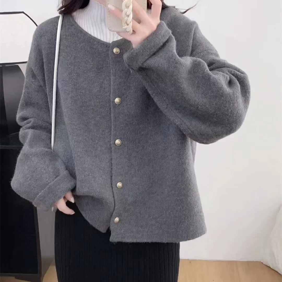 Gold Button Long Sleeve Knitted Cardigan Sweater for Women