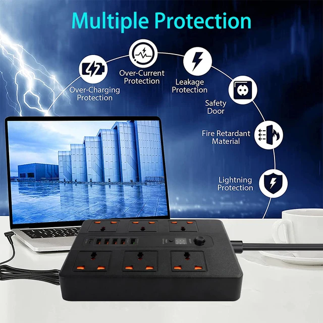 3000W 신제품 6 AC 범용 콘센트 전원 스트립 PD20W QC3.0 고속 충전 소켓 연장 케이블 USB 충전기, EU 플러그 서지 보호기