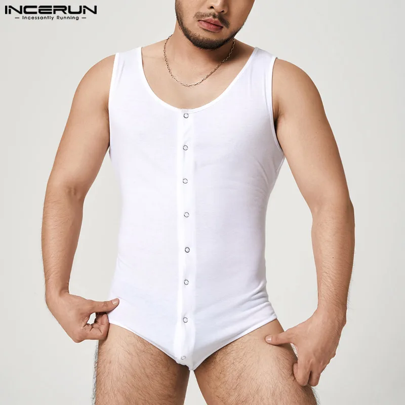 

Comfortable Homewear Bodysuit INCERUN New Men's Casual Simple Solid Color Rompers Male Sexy Loungewear Sleeveless Bodysuit S-5XL