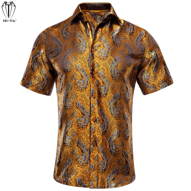 Hi-Tie Orange Floral Short Sleeves Mens Shirts Jacquard Silk