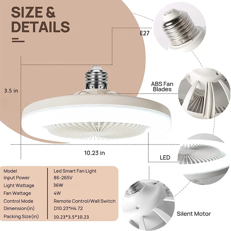 Wentylator sufitowy 3 in1 z lampa oświetleniowa podstawą konwertera E27 z pilotem do sypialni, cicha Ac85-265v w domu