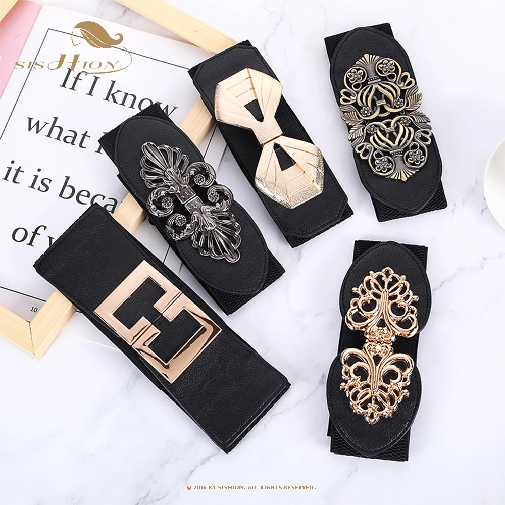 

Korean Women Wide Waist Elastic Stretch Belt PU Leather Metal Buckle Waistband High Quality Cummerbunds for Women Dress SCB0085