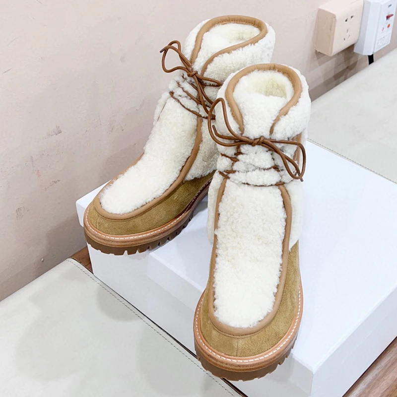 

Women Ankle Boots Winter New Cow Suede Splicing Wool Upper Cross Tied Design Hoof Heels Short Boots Fashion Warmth Female Shoes