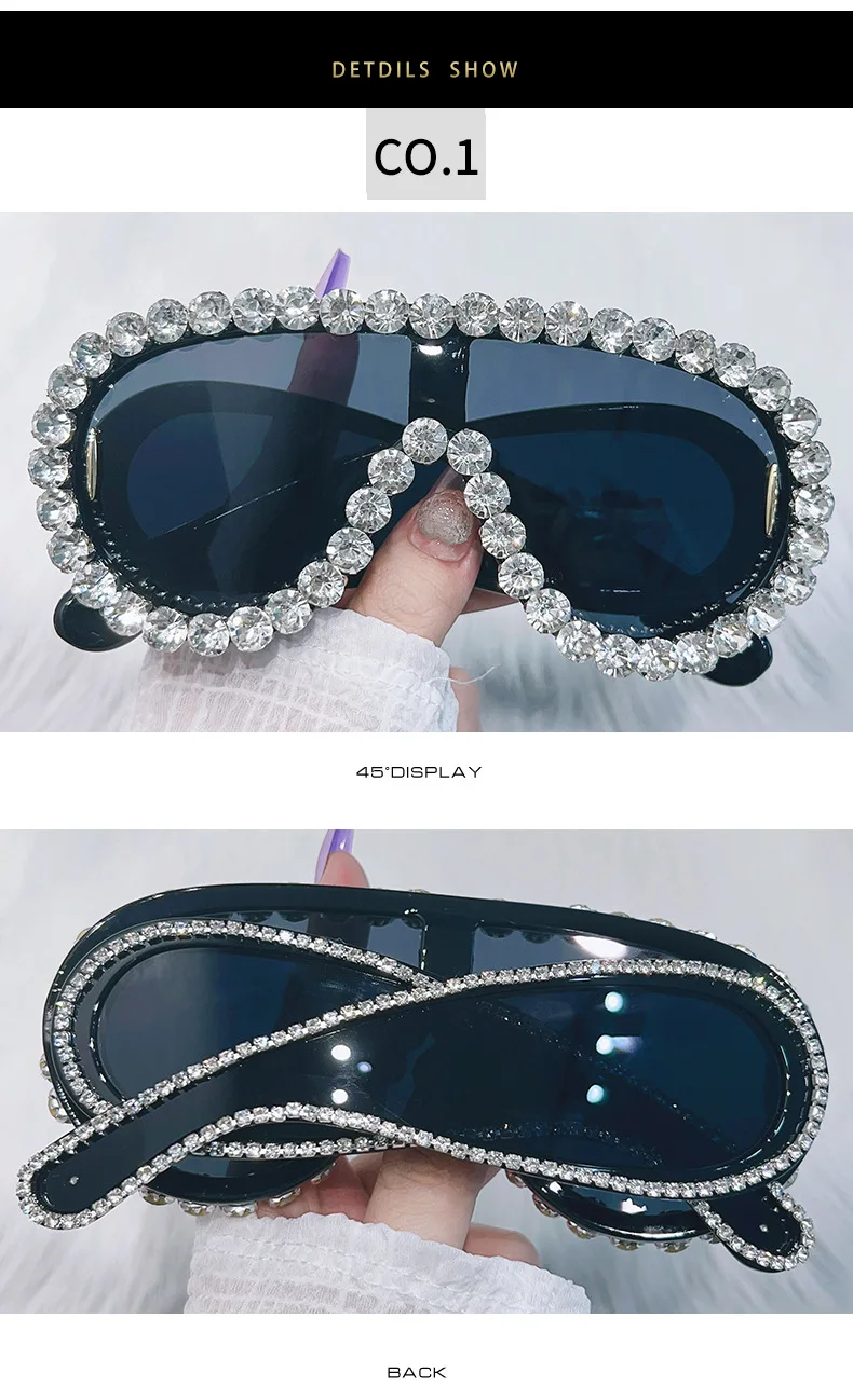 SHAUNA Crystal Oversized Mirror Coating Women Goggle Sunglasses UV400_voghion.com