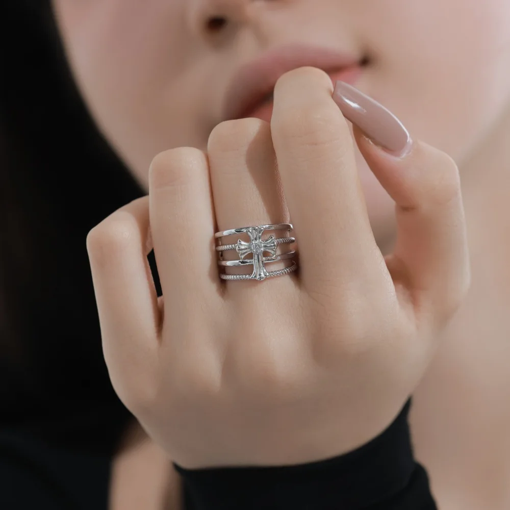 

Real S925 Silver Cross Ring Women's Hollow Multi layered Open Ring Female Shiny 5A Zircon Luxury Jewelry Gift for Lady Party New