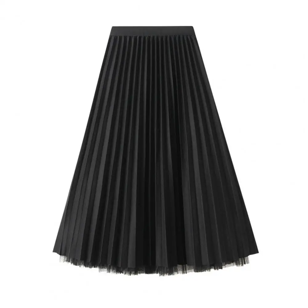 

Flowing Mesh Skirt Stylish Beaded Mesh Skirt Versatile Elastic Waist Pleated Design for Office Ladies Loose A-line Midi Skirt