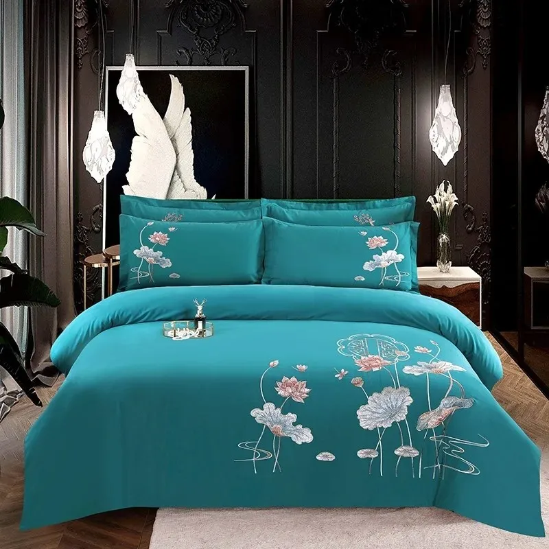 

100% Cotton Lotus Leaves Flowers Oriental Embroidery Bedding Set Soft Duvet Cover Bed Sheet Pillowcases Double Queen King 4Pcs