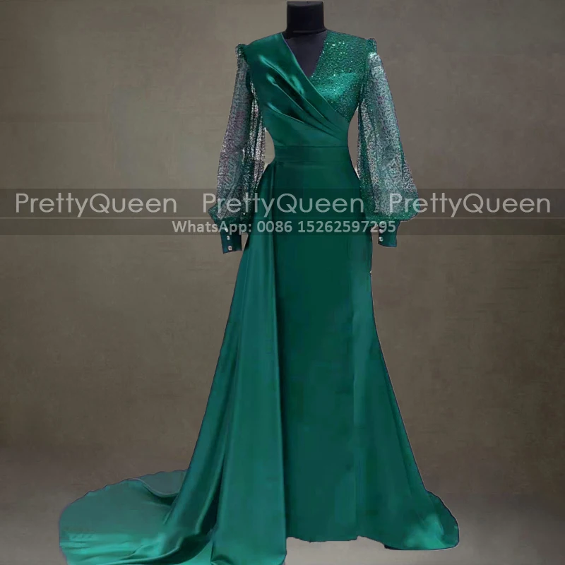 

Emerald Green Sequins Prom Dresses Sheer Long Sleeves Mermaid Streamer V Neck Aso Ebi Women Sheath Evening Dress Pageant