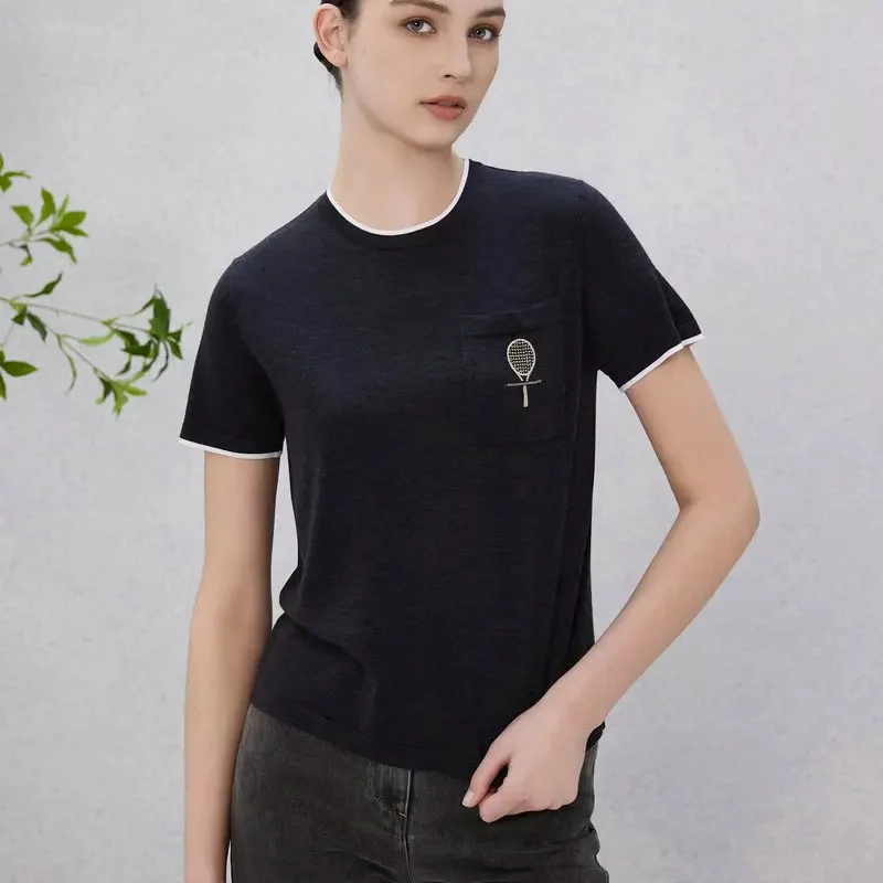

Women 2024 Spring Summer New Silk Wool Round Neck Pullover Embroidered Short-sleeved T-shirt