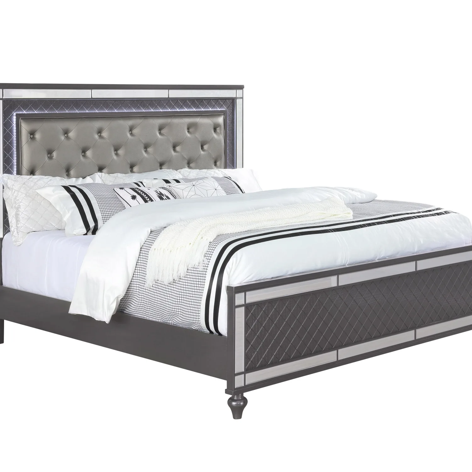 Modern Glam Style Upholstered Headboard Button Tufting Glass Inlay 1pc King Size Panel LED Lights Bed Gray Faux Leather Finish S 2