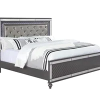 Modern Glam Style Upholstered Headboard Button Tufting Glass Inlay 1pc King Size Panel LED Lights Bed Gray Faux Leather Finish S 2