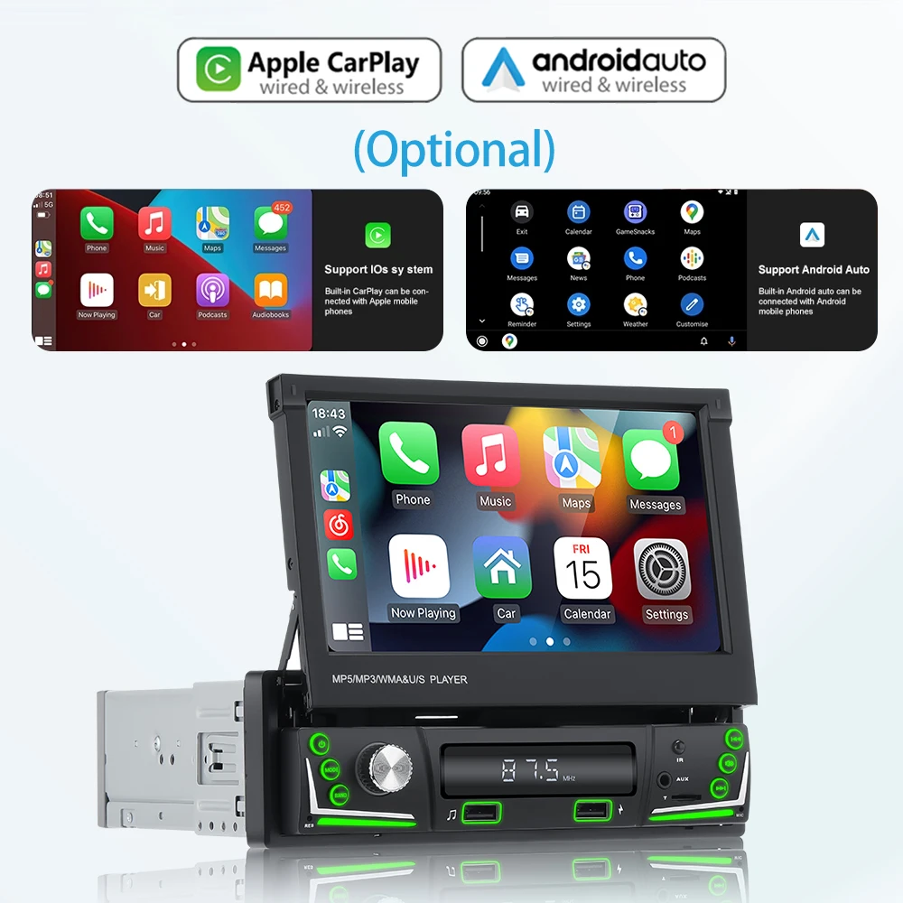 Podofo 1 DIN Radio de Coche Compatible con Apple Carplay y Android Auto,  Pantalla Táctil Retráctil