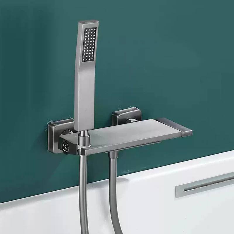 Brushed Gold Waterfall Bathtub Shower Faucet Set Bathroom Bathtub Mixer Taps Hot and Cold Shower Faucet Wall Mounted Bathtub Tap 4
