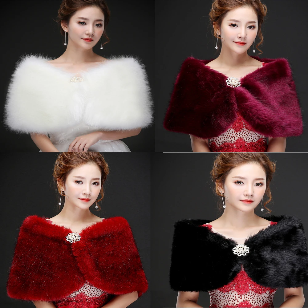 

Faux Fur Wedding Jacket for Bride Winter Warm Wrap Prom Party Cape Crystal Brooch