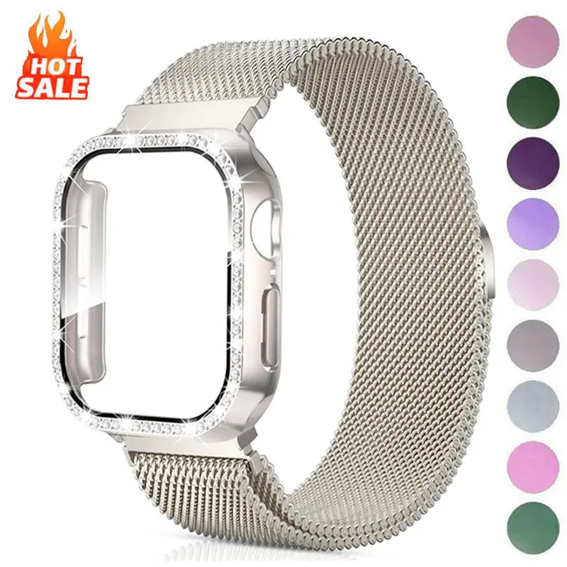 Elegant Diamond Milanese Loop Band with Protective Case - 2-in-1 Watch Accessory
