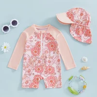 Tregren-Maillot de bain à manches longues pour fille, imprimé floral/flamant rose, demi-fermeture éclair, protection anti-éruption avec chapeau de soleil, vêtements de plage pour bébé 4