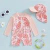 Tregren Toddler Girl Long Sleeve Swimsuit Floral/Flamingo Print Half Zipper Rash Guard Swimwear with Sun Hat Infant Beachwear 4