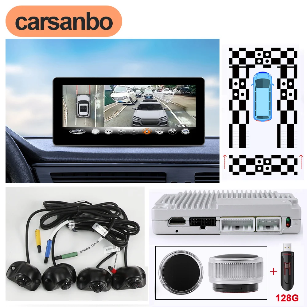 Carsanbo 3D Around View 360&deg; Car Camera Panoramic Image System Front Rear Left Right 4 Cameras 10.25" Monitor Calibration Cloth