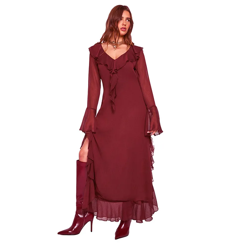 Fashion Mesh Ruffled Long Dress Women's V-Neck Loose High Waist Patchwork Elegant Party Dress Female Autumn Maxi Dress New