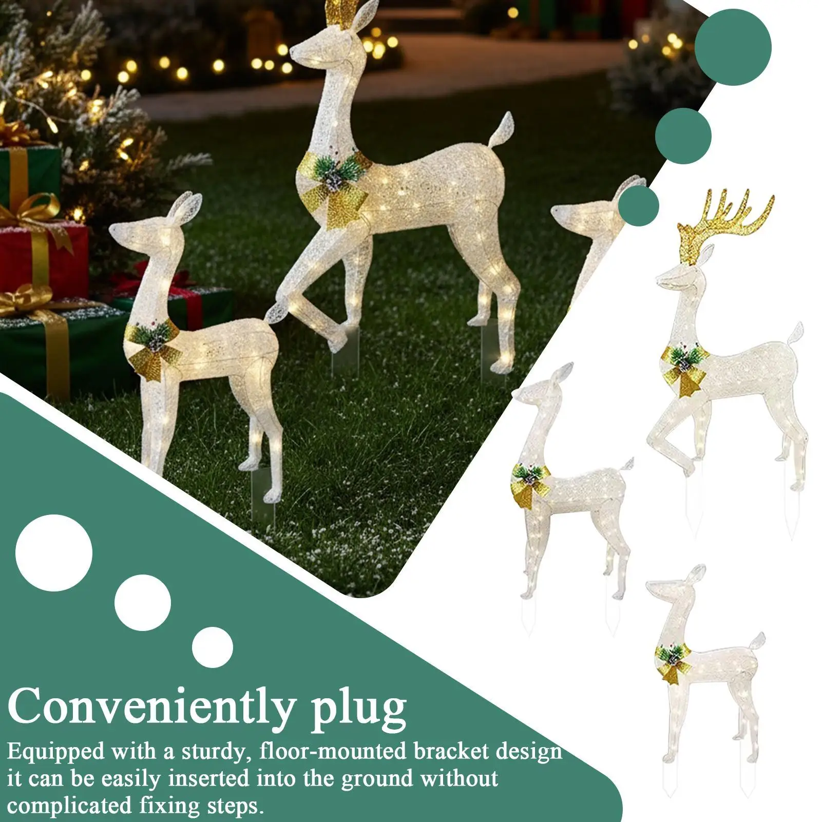 Outdoor Christmas Decorations Stakes Realistic LED Light Festive Insertion 3 Pieces Yard Reindeer Holiday Decoration For Family